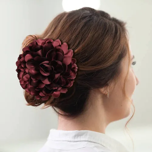 Miniatura 3 de Cinaci Paquete de 4 Lazos Grandes de Flores de Satén para el Cabello Rojos Azul Marino Negro Pinzas de Plástico para el Cabello Clips Cinta Tela