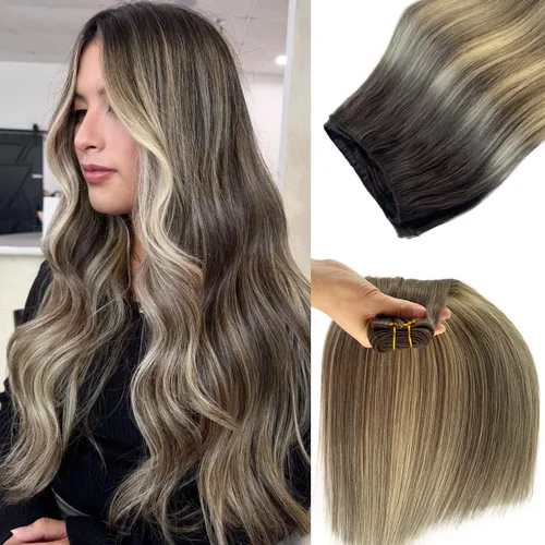 Miniatura 15 de Extensiones de cabello humano real con trama cosida, atadas a mano, color rubio ceniza a rubio con reflejos, extensiones cosidas con trama