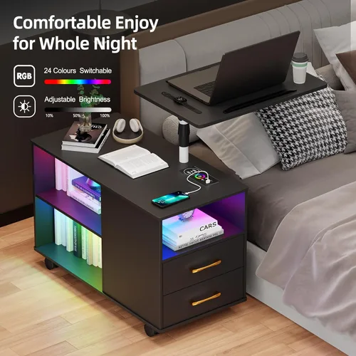 Miniatura 6 de Gurexl Mesita de noche LED de 360° con estación de carga inalámbrica, mesita de noche ajustable movible con bandeja para portátil, soporte de noche