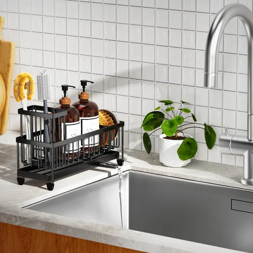 Miniatura 7 de Cisily Soporte de esponja negro extra grande para fregadero de cocina, organizador de fregadero con soporte alto para cepillos, organizadores