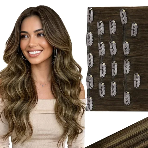 Miniatura 28 de Ve Sunny Extensiones de cabello clip-in de cabello humano real con reflejos, extensiones de cabello con clip para cabello corto, marrón oscuro