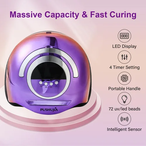 Miniatura 4 de Lámpara de uñas profesional de 300 W, secado rápido, sensor de movimiento automático, 4 ajustes de temporizador, cobertura uniforme de 72 LED