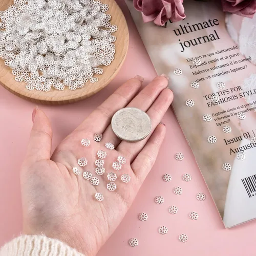 Miniatura 6 de ANCIRS 1200 tapas espaciadoras de cuentas espaciadoras de 0.27 pulgadas para hacer joyas, tapas de cuentas de filigrana de flores de metal para Plata