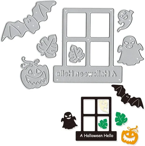 Troqueles de corte de fantasma de Hello Halloween, marco de ventana de hoja de calabaza de murciélago troquelado, plantilla de metal para hacer