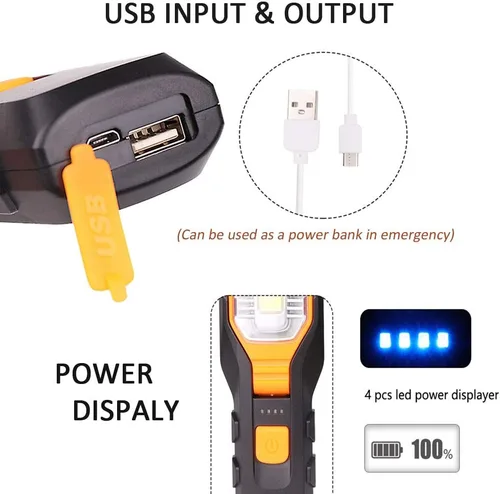 Miniatura 5 de Luz de trabajo recargable LED, linterna USB portátil de mano con lámpara de trabajo magnética, imán y gancho, 4 modos para auto, camión, garaje