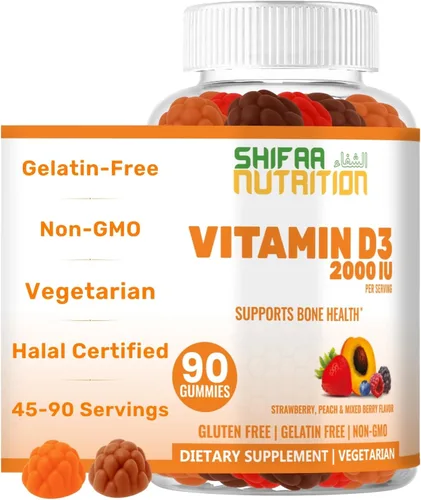 SHIFAA NUTRITION Gomitas vegetarianas de vitamina D3 para adultos y niños | 45-90 porciones, 2,000 UI/1,000 UI | Sin OMG, sin gluten, sin gelatina |