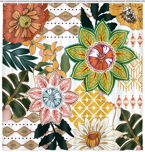 Miniatura 4 de Torich Cortina de ducha bohemia floral para baño, abstracta de mediados de siglo, decoración bohemia, cortinas de baño, flores botánicas, hojas
