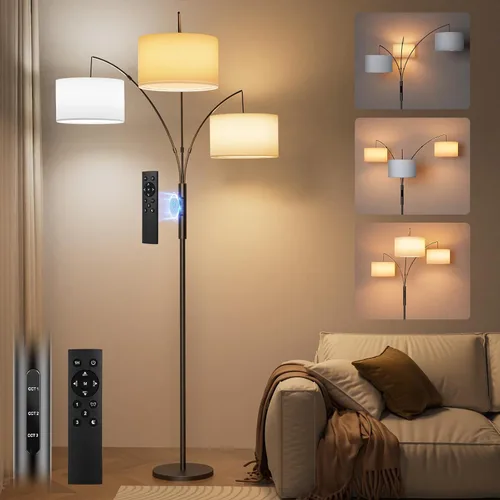 Miniatura 10 de SIBRILLE Lámpara de pie de arco RGB de 36 W con 3 pantallas de tela blanca, lámpara de pie súper brillante de 3000 lm con control remoto y táctil