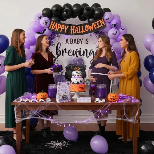 Miniatura 5 de Sinload Juego de 54 piezas con texto en inglés "A Baby Is Brewing Halloween" para baby shower, incluye cartel de pie con el vientre de mamá con 50