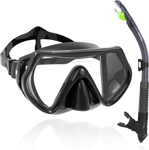 WACOOL Juego de buceo profesional con válvula de purga de vidrio recubierto antivaho y pieza de boca de silicona antisalpicaduras para hombres y