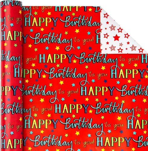 Miniatura 3 de WRAPAHOLIC - Papel de regalo reversible para cumpleaños - Mini rollo - 17 pulgadas X 33 pies - Diseño de letras "Feliz cumpleaños a ti" en rojo