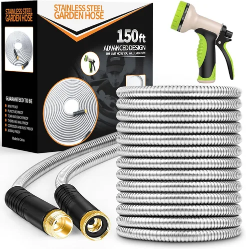 Miniatura 14 de Unywarse Manguera de jardín de 100 pies, manguera de agua resistente de acero inoxidable con boquilla de 10 funciones, flexible, ligera, sin