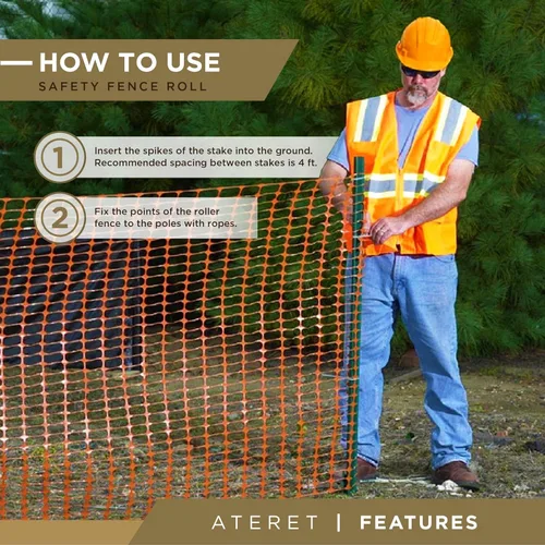 Miniatura 3 de ATERET Valla de seguridad de plástico de 4 pies x 100 pies, rollo de valla temporal naranja, valla de plástico resistente para construcción, valla