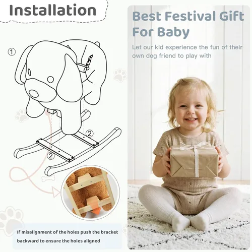 Miniatura 8 de Caballo mecedor para bebé, caniche de madera para niños pequeños de 1 año de edad, lindo perro de peluche de juguete mecedora para bebés, niños