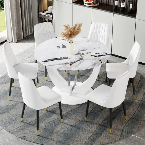 Miniatura 34 de JUFU Juego de mesa de comedor redonda para 4, mesa de comedor de 48 pulgadas con mesa de mármol sintético y 4 sillas tapizadas, moderno juego