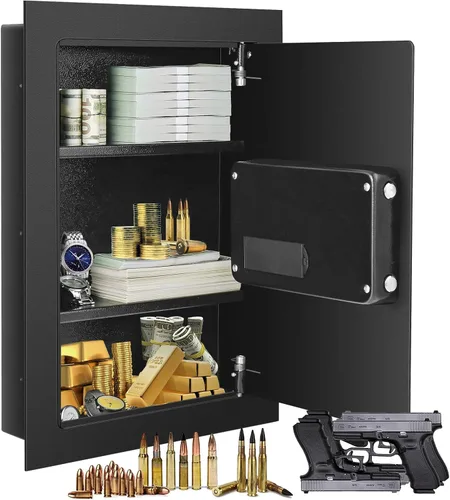 S AFSTAR Caja fuerte de pared, caja de seguridad digital electrónica con teclado y 2 llaves de emergencia, estante extraíble y luces LED, caja de