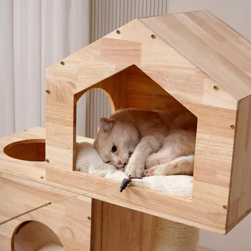 Miniatura 4 de SHENGOCASE Moderno castillo grande de madera maciza de goma maciza para gatos con cama grande cerrada, condominio, poste rascador y rascador