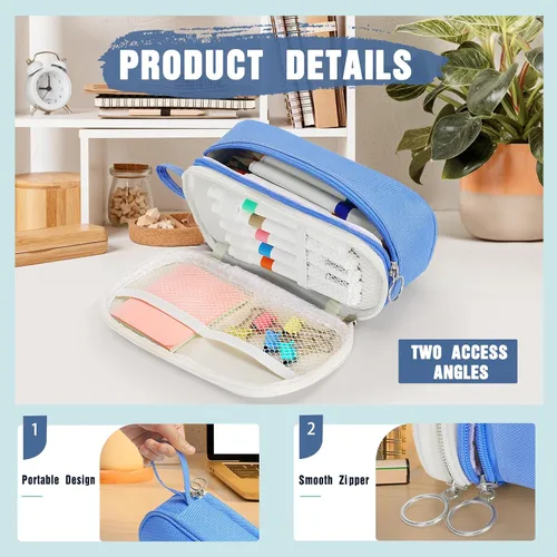 Miniatura 5 de KMUYSL Estuche grande para lápices, bolsa grande para lápices con 3 compartimentos, organizador de mano para bolígrafos con cremallera, bolsa
