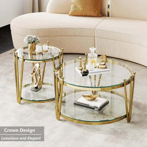 Miniatura 6 de Mesa de centro redonda de cristal dorado de 31.5 pulgadas para sala de estar, diseño moderno de corona de acero inoxidable, mesa de centro pequeña