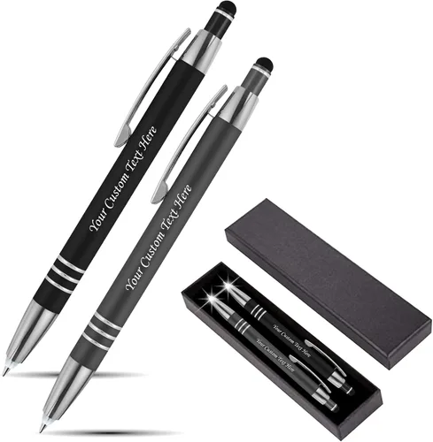 Juego de regalo personalizado, 2 bolígrafos de lujo de metal de goma + linterna LED de escritor nocturno + lápiz capacitivo + caja de regalo, nombre