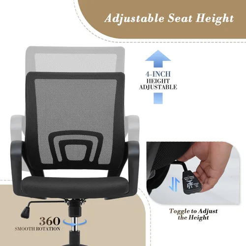Miniatura 5 de Silla de oficina ergonómica, silla de escritorio de malla con soporte lumbar y asiento ancho (capacidad de 300 libras) altura ajustable, ruedas Negro