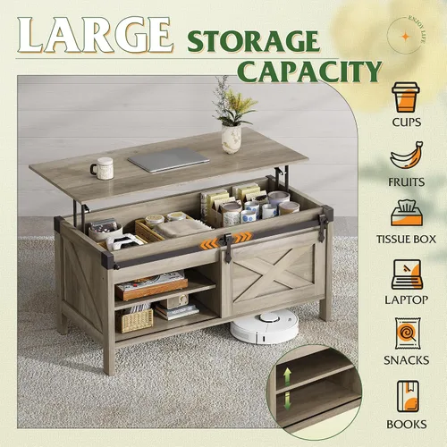 Miniatura 4 de WLIVE Mesa de Centro con Tapa Elevable, Mesa de Centro Estilo Granja de 39.4 pulgadas con Gran Compartimento de Almacenamiento Oculto, Puertas