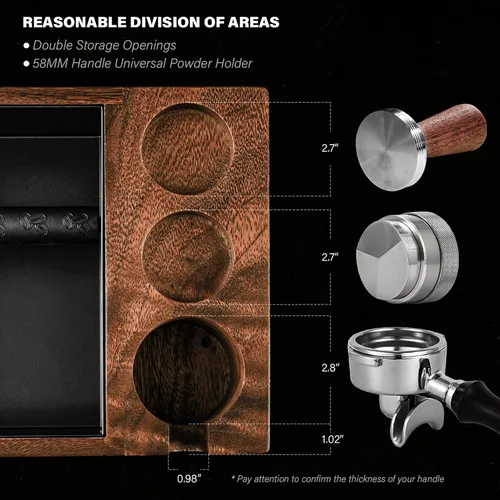Miniatura 2 de Caja de café para portafiltro de 2.283 in – 4 en 1 de nogal natural Espresso estación de tamping, distribuidor y soporte de manipulación, contenedor