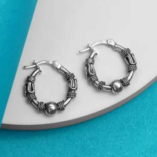 Miniatura 4 de LeCalla Aretes de aro balinesa oxidados de plata de ley 925, pequeños aretes de aro con cuentas de Bali antiguos para mujer