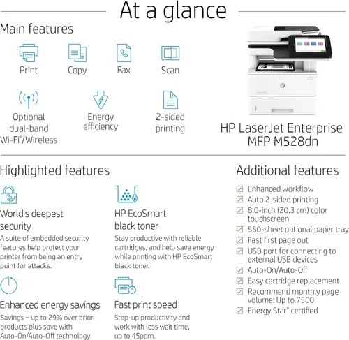 Miniatura 6 de HP LaserJet Enterprise MFP M528dn Impresora monocromática todo en uno con Ethernet integrado e impresión de 2 caras (1PV64A)