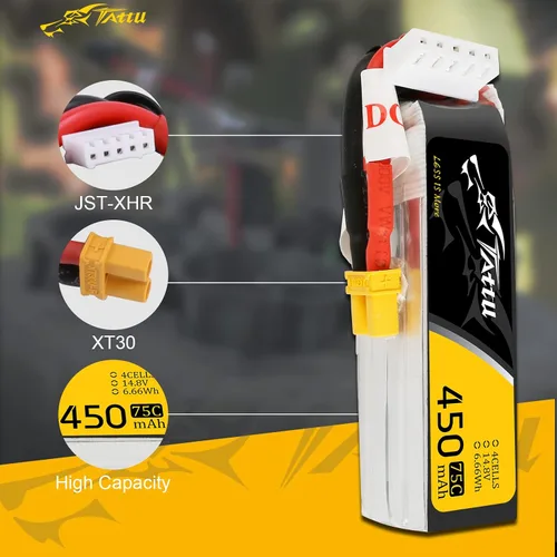 Miniatura 3 de Gens ace Tattu 4S Lipo Batería 14.8 V 450 mAh 75C Lipo Batería XT30 Plug para H Frame Mini RC Racing Drone FPV