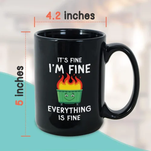 Miniatura 4 de Taza de café divertida de 15 onzas, color negro, con texto en inglés "It's Fine Everything Is Fine", contenedor de basura con humor de fuego, regalo