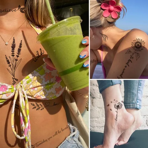 Miniatura 4 de CHARLENT Tatuajes temporales con palabras de flores para mujeres y niñas, de larga duración, impermeables, realistas, negros, sexis, tatuajes