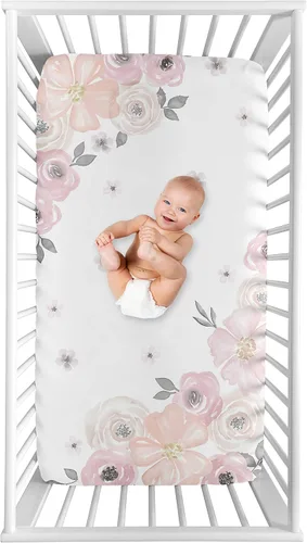 Miniatura 7 de Sweet Jojo Designs Mini sábana de cuna portátil para niña, color rosa y gris, colección floral de acuarela, para mini cuna o paquete y juego solo