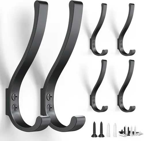 BREYDROK Paquete de 6 Ganchos Resistentes para Abrigos para Montaje en Pared - Ganchos Duraderos Montados en Pared para Colgar Abrigos, Mochilas y 6