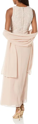 Miniatura 2 de J Kara Vestido largo con cuentas pequeñas sin mangas con ribete festoneado para mujer con bufanda