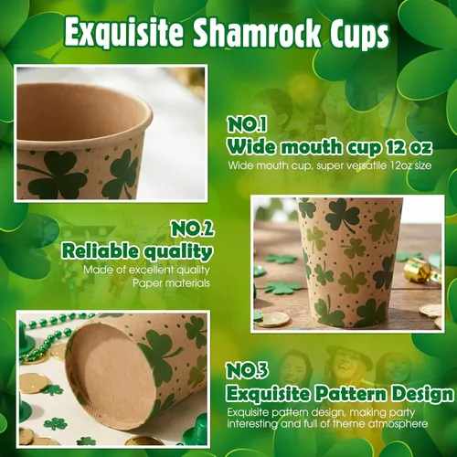 Miniatura 6 de Jingmore 50 tazas de café de papel kraft de trébol del día de San Patricio, 12 onzas, desechables de trébol verde irlandés, vasos desechables