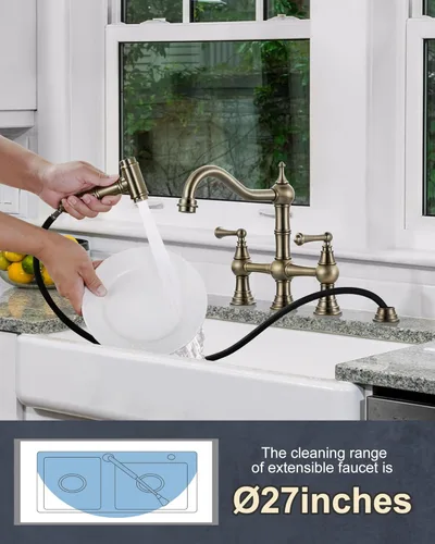 Miniatura 3 de Grifo de Cocina de Puente con Rociador Lateral, WOWOW Grifo de Cocina de Latón Macizo para Fregadero de 4 Agujeros Bronce Antiguo Grifo de Fregadero