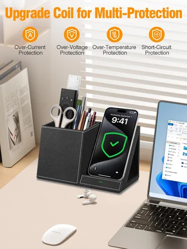 Miniatura 9 de TopMade Cargador inalámbrico con soporte para lápiz para bolígrafo, organizador de mesita de noche de escritorio multifuncional de cuero, estación
