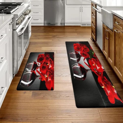 Miniatura 2 de Juego de 2 alfombras y tapetes de cocina de vino tinto, diseño de rosas modernas, antifatiga, antideslizantes, lavables, para cocina, fregadero