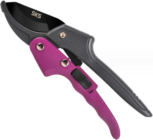 Tijeras de jardín premium de 8 pulgadas, 3 veces más fácil de trabajar, tijeras para manos débiles por artritis (palanca de polea -podadoras- morado)