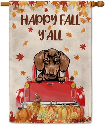 Miniatura 33 de Bandera con texto en inglés «Happy Fall Y'all» con diseño de perro inteligente con calabaza en camión rojo y hojas de arce, pancarta de otoño