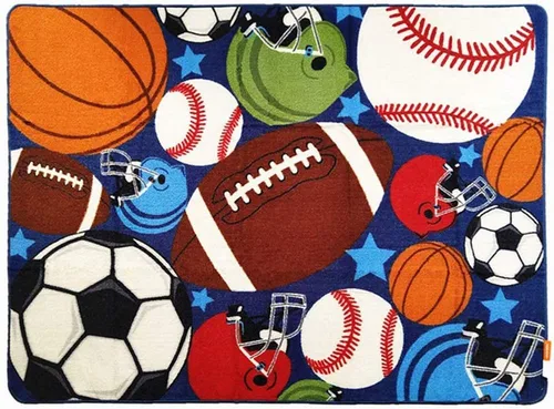 HUAHOO Alfombra deportiva azul para niños, alfombra deportiva de nailon para niños y niñas, alfombra estampada con pelota de fútbol, baloncesto,