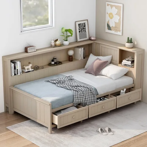 Miniatura 12 de Sofá cama de tamaño matrimonial con 4 cajones, marco de madera con 2 armarios de noche y estantes superiores, marrón antiguo