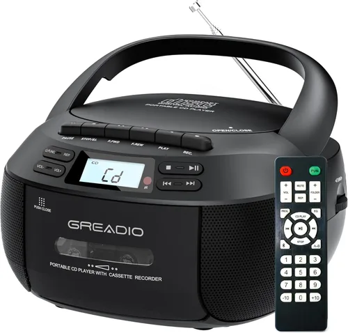 Greadio Boombox - Reproductor de CD y cassette, Boom Box, reproductores de CD portátiles para el hogar con Bluetooth, compatible con radio AM FM,