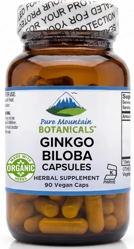 Pure Mountain Botanicals Cápsulas de Ginkgo Biloba - 400 mg - 90 unidades - Hierbas orgánicas, veganas, kosher - Suplemento de hojas de hierbas