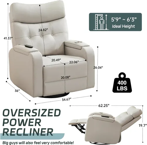 Miniatura 2 de Sillón reclinable giratorio con masaje de calor, sillas reclinables de cuero de gran tamaño, con puerto tipo C, brazos de almacenamiento dobles