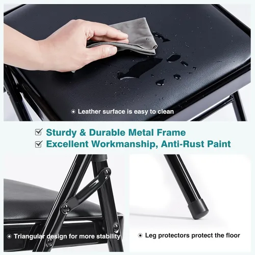 Miniatura 5 de DUMOS Paquete de 4 sillas plegables acolchadas de cuero, asiento comercial apilable portátil para interiores y exteriores, con marco de acero, Negro