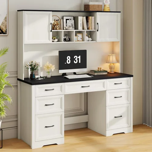 Miniatura 13 de Halitaa Escritorio ejecutivo de granja con cajones, escritorio de madera para computadora con amplio cajón de archivos, escritorio rústico