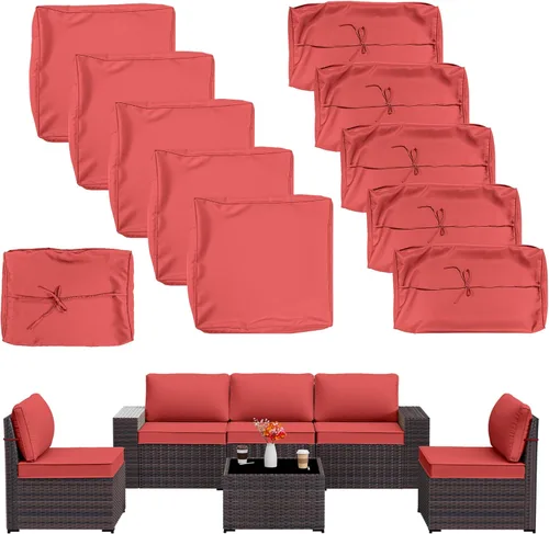 ALAULM 11 fundas de cojín de repuesto, impermeables y a prueba de salpicaduras, para muebles de exterior, con cremalleras, solo fundas (rojo, 25.6 x