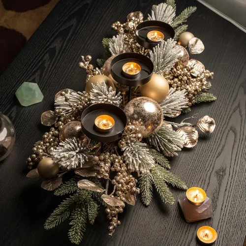 Miniatura 7 de YULETIME Candelabro triple de Navidad de 28 pulgadas, portavelas navideño con tres bandejas, bolas doradas, bayas y hojas doradas, agujas de pino